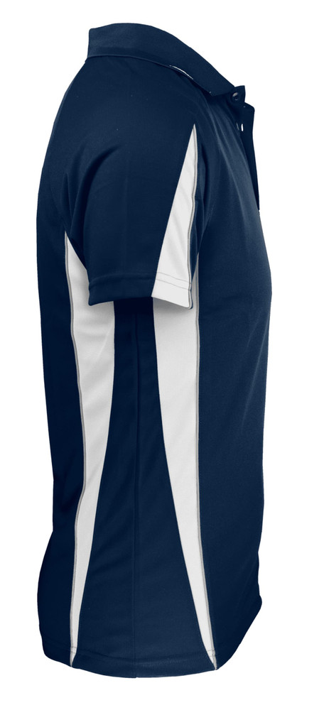 A navy polo shirt featuring white side panel detailing and a collar, with a logo on the front.