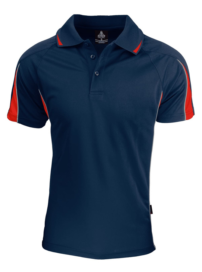 A navy polo shirt with red accents and a logo on the chest. Short sleeves and a classic collar design.