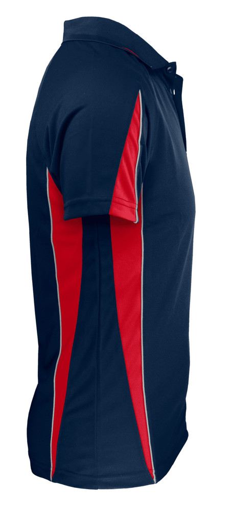 A navy polo shirt featuring red side panels and a logo.