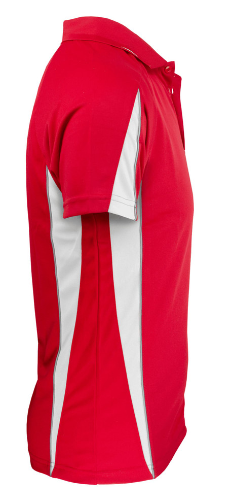 A red polo shirt with white side panels and a collar, featuring a logo on the front.