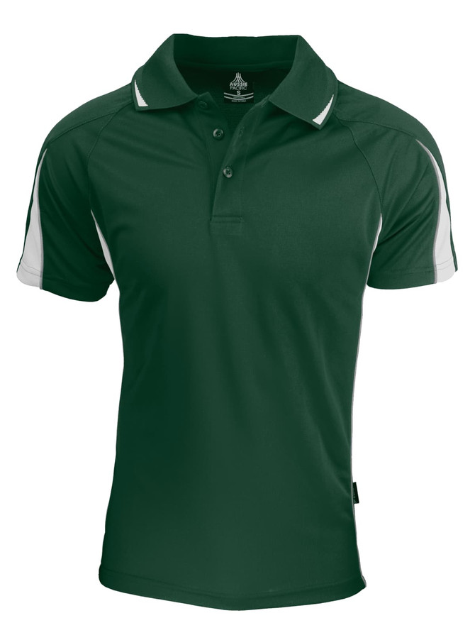 A dark green polo shirt with white accents and a logo on the upper chest. Short sleeves and a classic collar design.