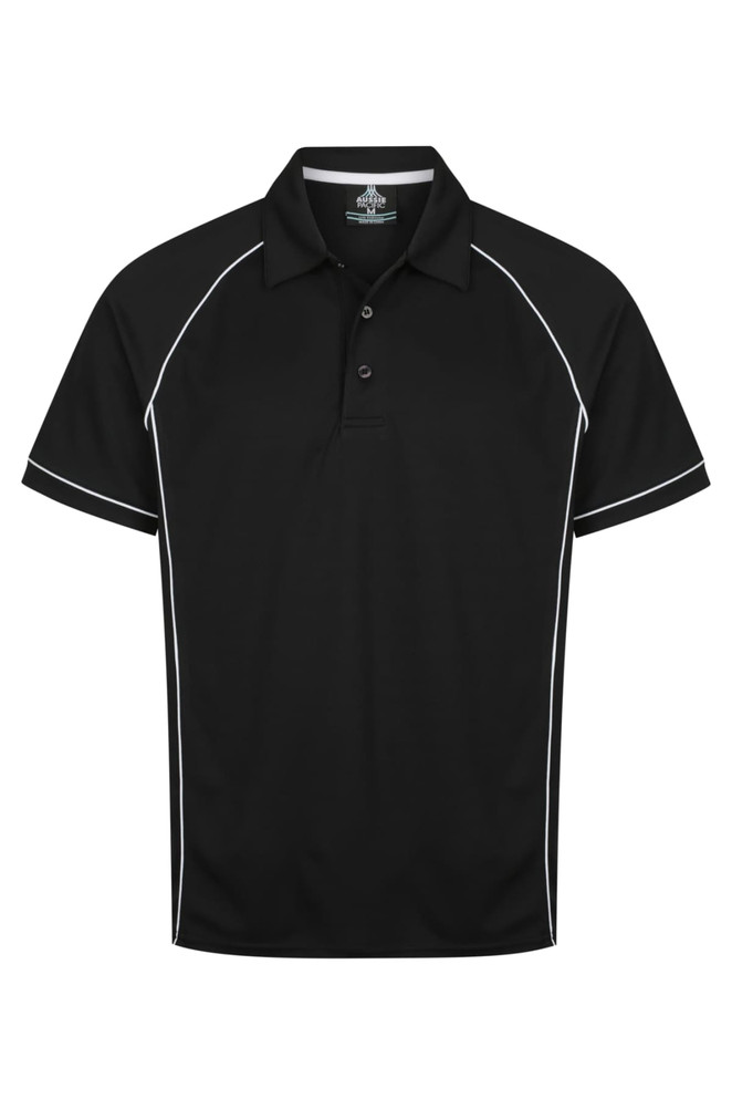A black polo shirt with white piping, featuring a collar and button placket. Includes a logo.