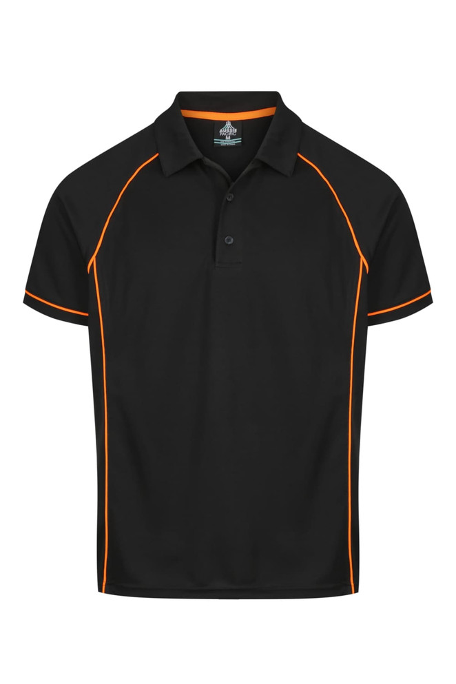 A black polo shirt featuring orange detailing and a collar. It includes a branding logo.