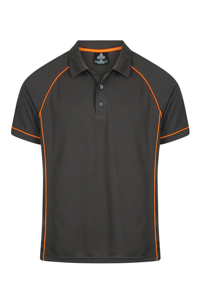 A dark green polo shirt with orange piping and a collar. The shirt features a logo on the chest.