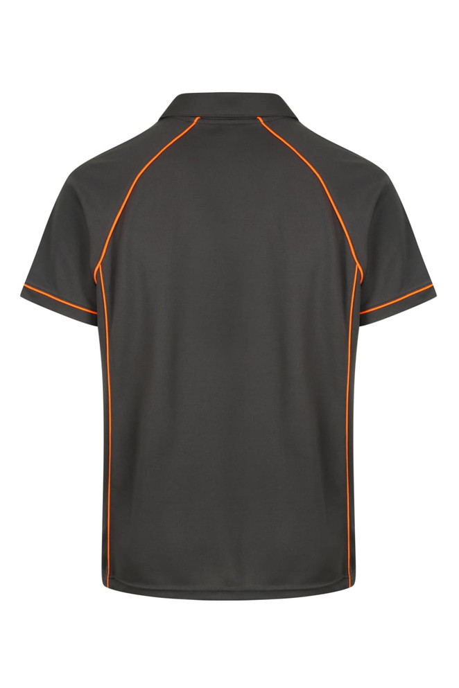 A grey polo shirt with orange piping and a branding logo on the back.