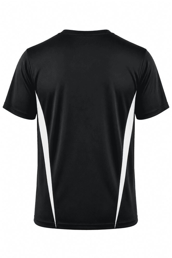 A black men’s t-shirt featuring white side panels and a logo. The back view shows short sleeves and a round neck.