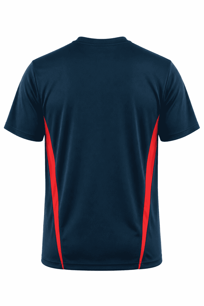 A navy t-shirt featuring red side panels and a logo on the fabric.