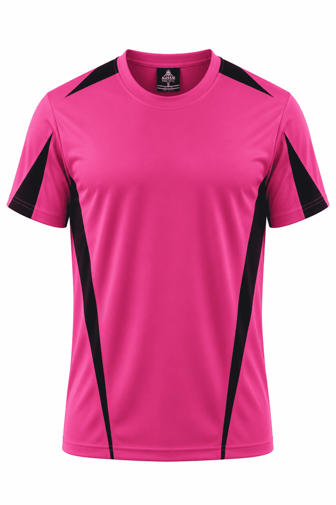 A pink t-shirt with black accents and a logo on the chest, featuring short sleeves and a casual fit.