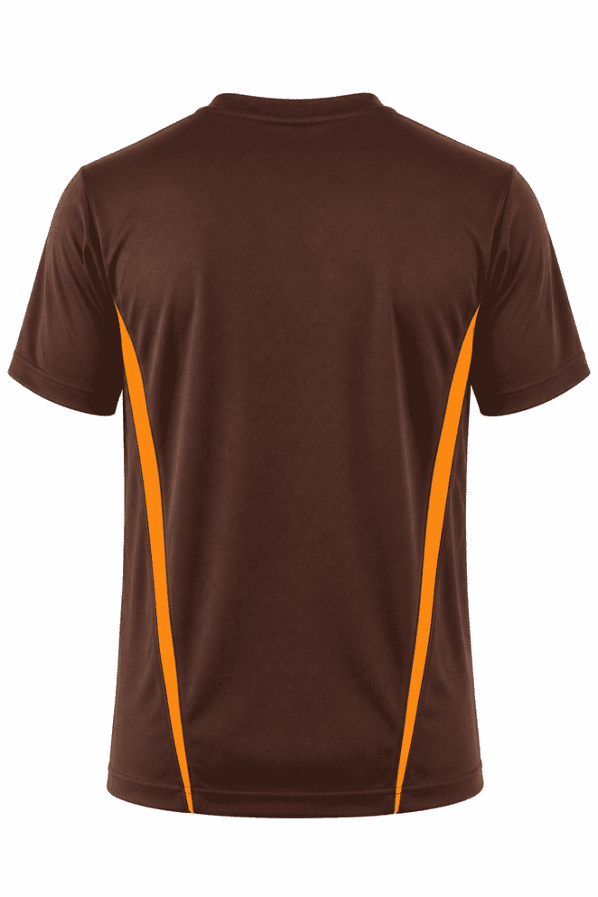 A brown T-shirt featuring orange side panels, designed for casual wear. The shirt has a logo on the back.