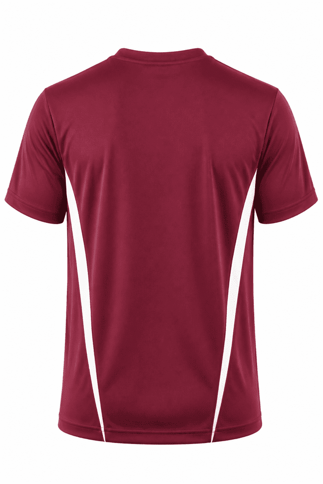 A maroon men's t-shirt featuring white side stripes and a logo on the back. Short sleeves and a sporty design.