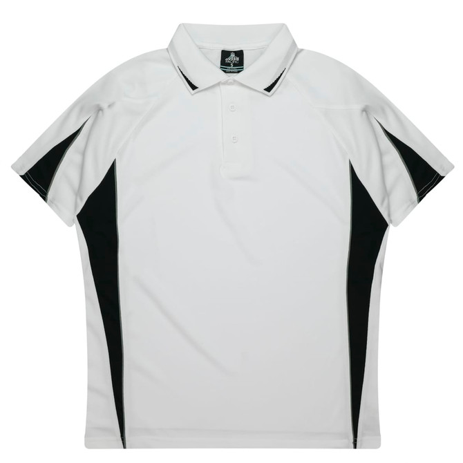 A white polo shirt with black side panels and a collar, featuring a logo on the neck.