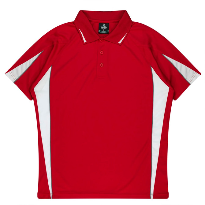 A red polo shirt with white accents, featuring a collar and three buttons, and a logo located at the neck.