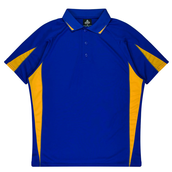 A blue polo shirt with yellow accents and a collar, featuring a branding logo. Perfect for kids.