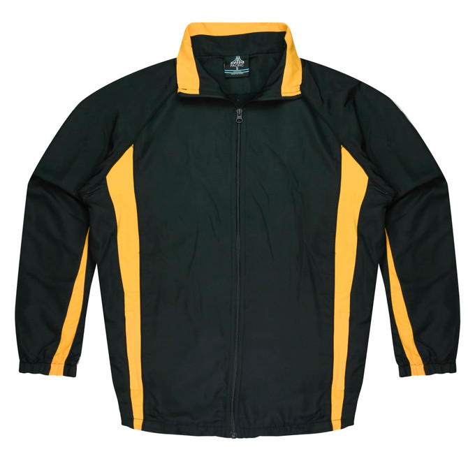 A green tracktop with yellow accents, featuring a zippered front and a collar. The item includes a logo.