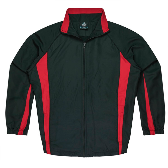 A black track jacket with red side stripes and a zip front, featuring a logo on the chest.