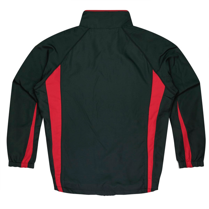 A green track top featuring red side stripes, with a high collar and elastic cuffs. It has a logo on the back.
