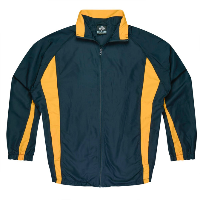 A dark green tracktop with yellow side stripes and a zip-up front. It features a logo on the chest.