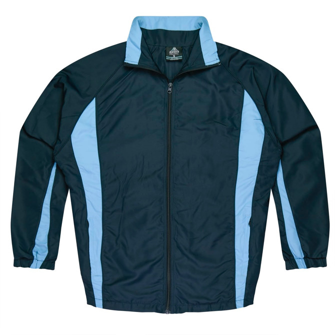 A dark green tracktop with light blue stripes and a zip front, featuring a collar and a logo.
