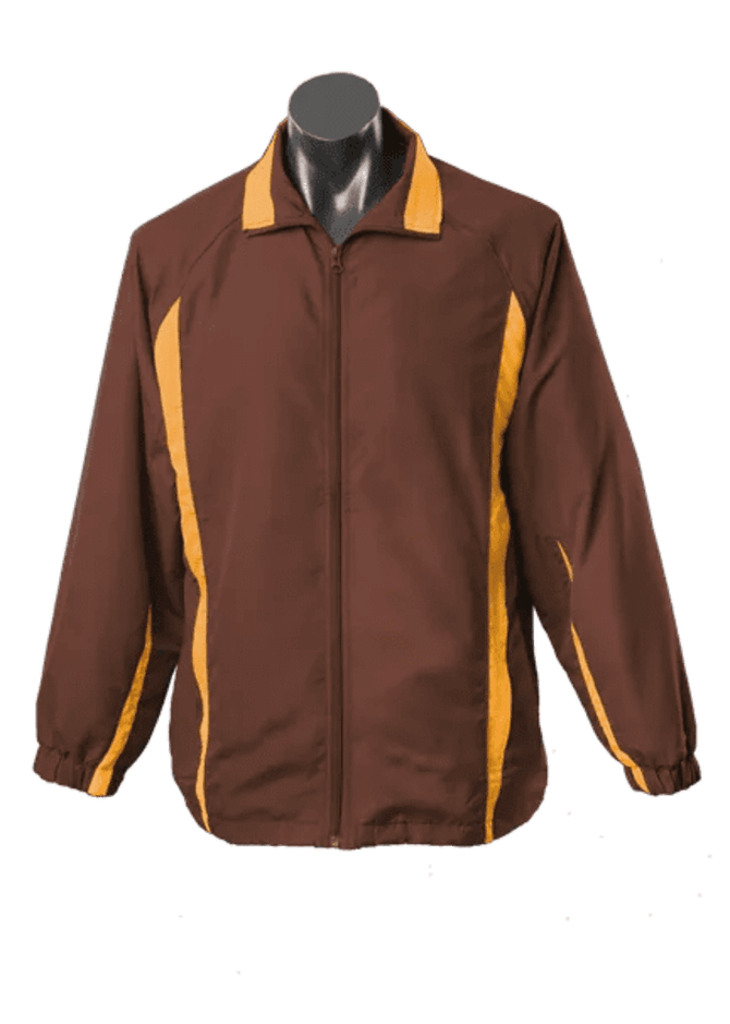 A brown track jacket with yellow stripes, featuring a zip front and a collar. It has a logo on the left side.