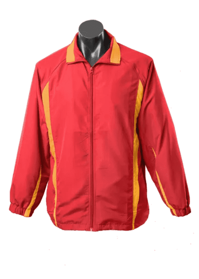 A red track jacket featuring yellow accents, with a front zipper and a logo on the chest.