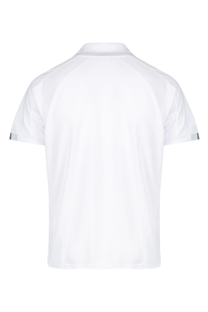 A white men's polo shirt featuring a classic design and short sleeves, with a logo on the back.