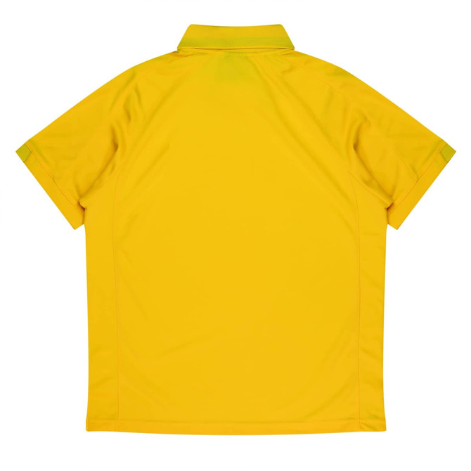 A yellow polo shirt with a collar and short sleeves, featuring a logo on the upper back.