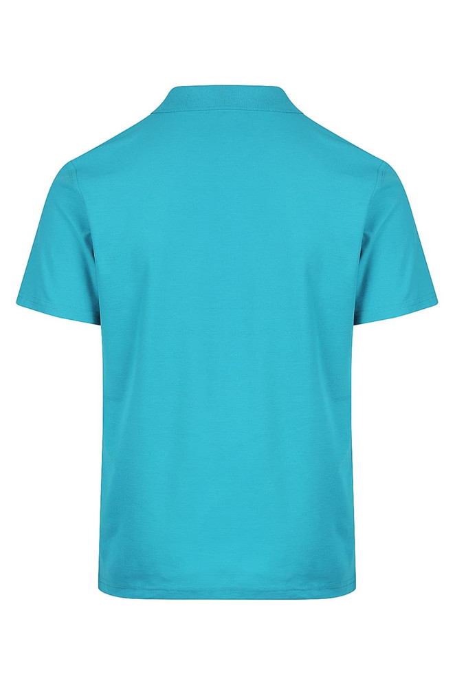A turquoise polo shirt featuring a classic collar and short sleeves, with a logo on the front.