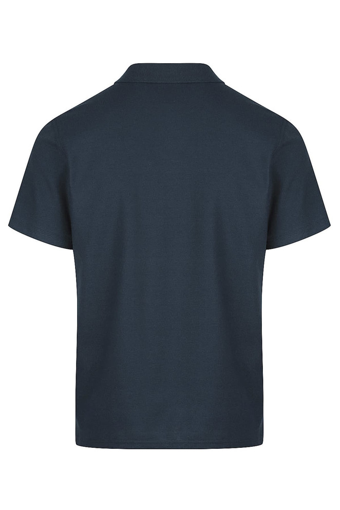A navy polo shirt with a classic collar and short sleeves, featuring a branded logo.