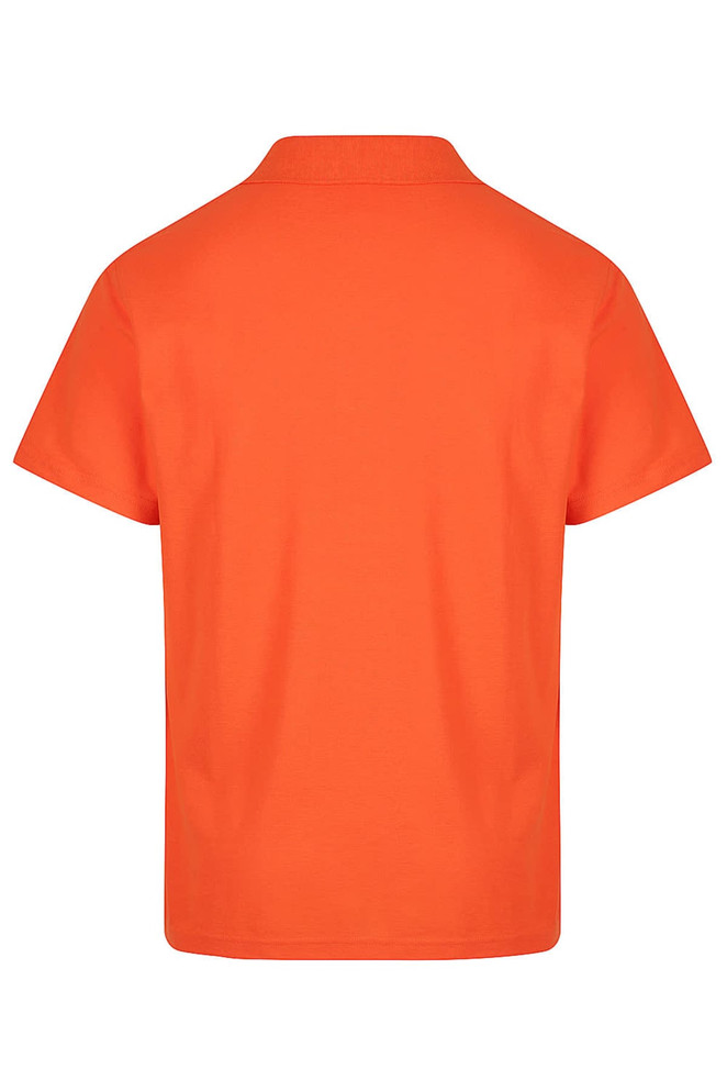 An orange polo shirt with a simple design, featuring a collar and short sleeves. It has a logo on the back.