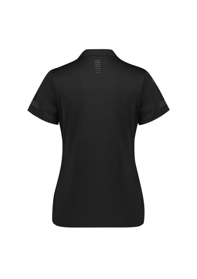 A black women's polo shirt with short sleeves and a logo, featuring a textured design on the back.