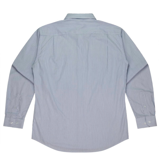 A long-sleeve button-up shirt in light blue with a striped pattern and a logo.