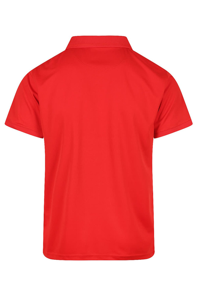 A red polo shirt featuring a collar and short sleeves, with a branding logo on the back.