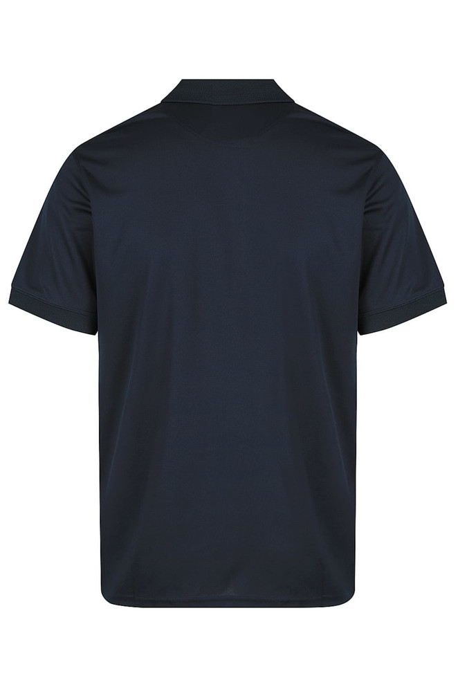 A dark navy polo shirt featuring a collar and short sleeves, with a branding logo.