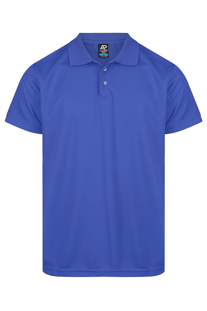 A blue polo shirt with a collar and three buttons, featuring a logo on the label.