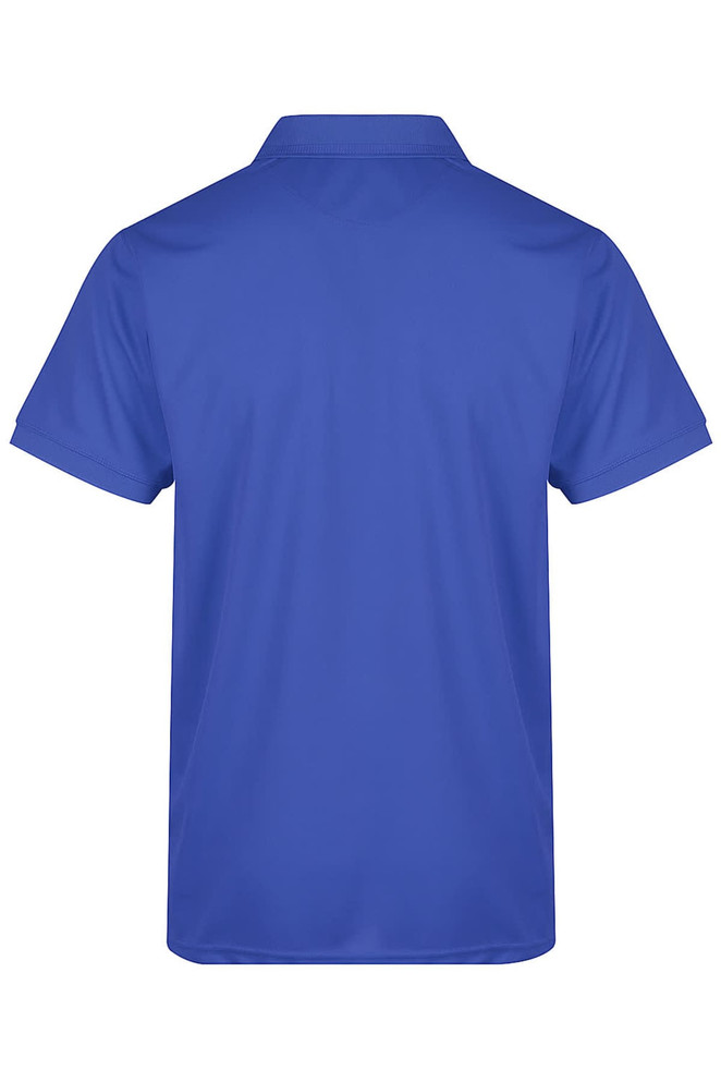 A blue polo shirt featuring a collar and short sleeves, displaying a plain back design.