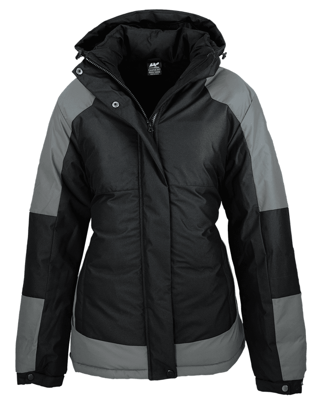 A black and grey jacket with a hood and a zip front, featuring a logo on the chest.