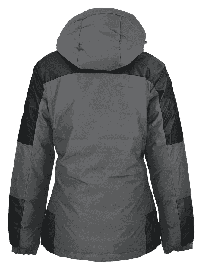 A jacket in grey with black accents, featuring a hood and a back view design. It has a logo.