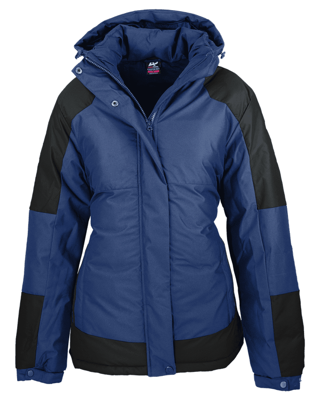 A navy blue jacket with black panels and a hood, featuring a zip closure and pockets.