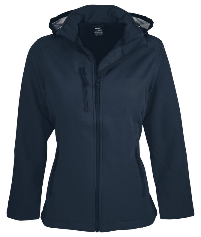 A navy soft shell jacket with a hood, featuring zippered pockets and a fitted design. It has a branding logo.