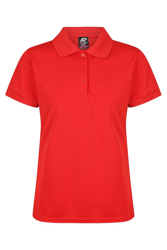 A red polo shirt with a collar and buttons, featuring a logo. Suitable for casual or semi-formal wear.