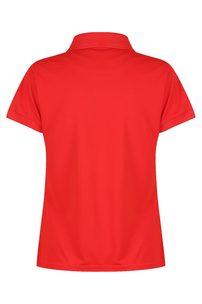 A red polo shirt with a collar, featuring a branded logo on the back.