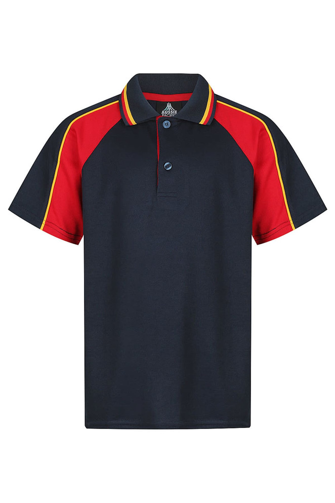A navy polo shirt with red and yellow contrast stripes, featuring a collar and a logo.