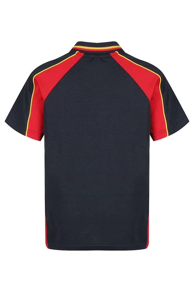 A polo shirt featuring a navy body with red and yellow accents, designed for kids. It includes a logo on the front.