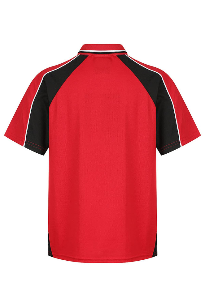 A red polo shirt with black accents and a logo on the sleeve, featuring a classic collar and short sleeves.