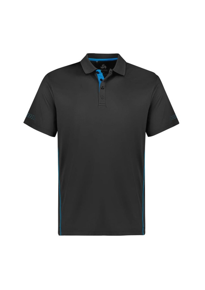 A black short sleeve polo shirt with turquoise accents and a logo on the chest.