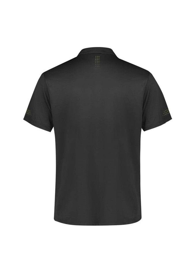 A black short sleeve polo shirt featuring a logo and dotted design on the back and sleeves.