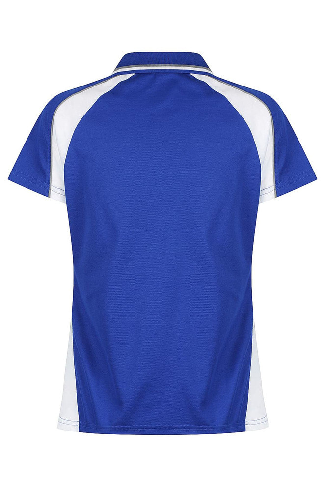 A blue polo shirt featuring white accents, with a classic collar and short sleeves. It includes a logo.