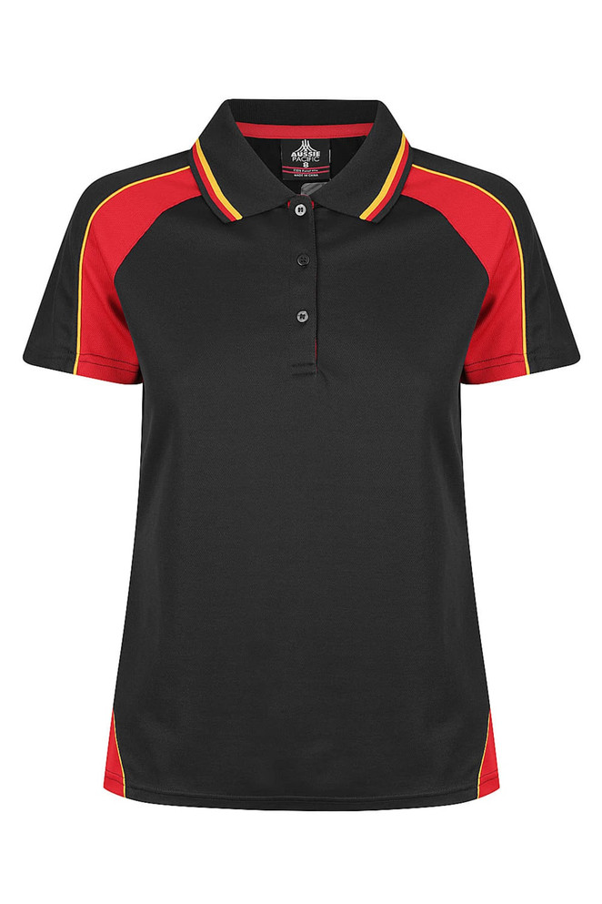 A black polo shirt featuring red and yellow accents, with a logo on the chest area.
