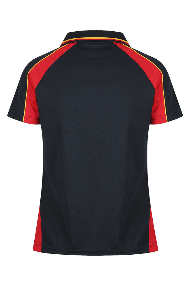A polo shirt featuring a black and red design with yellow accents and a logo. Back view displayed.