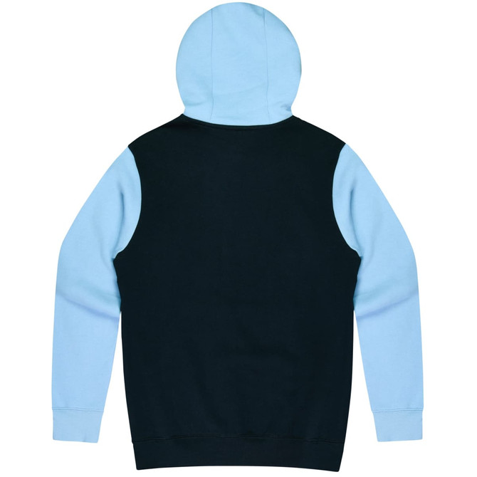A hoodie featuring a black body and light blue sleeves, with a hood and a branding logo on the back.